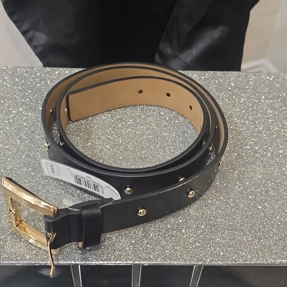 Michael Kors Studded Black & Gold Leather Belt - 33.25-39.25” Length $78 New 80s Vintage Black Gold Studded Rhinestone Belt by Michael  main image 3